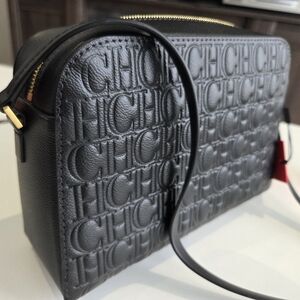 Carolina Herrera Black Embossed CH Leather Camera Bag